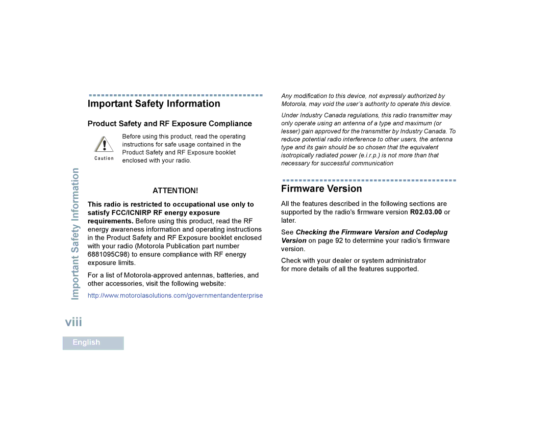 Motorola SL7550 manual Important Safety Information, Firmware Version, This radio is restricted to occupational use only to 