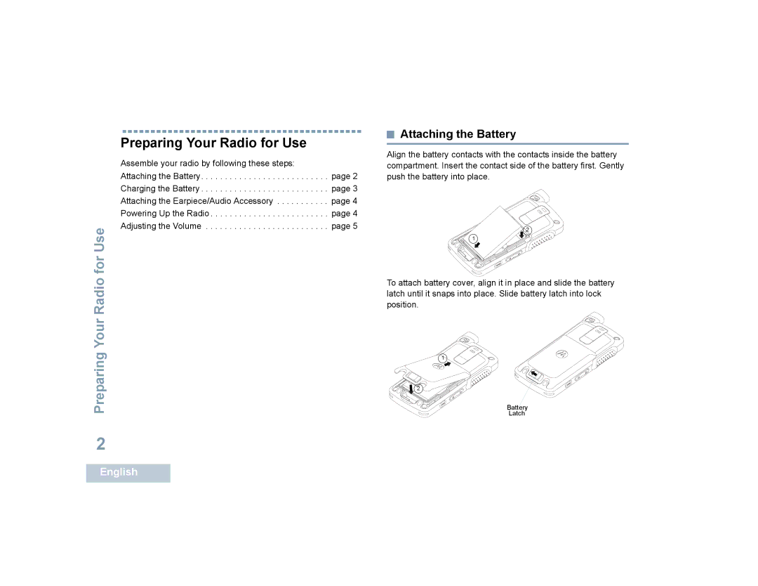 Motorola SL7550 manual Preparing Your Radio for Use, Attaching the Battery 