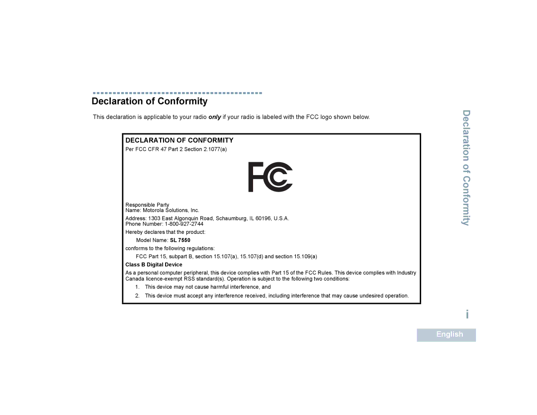 Motorola SL7550 manual Declaration of Conformity 