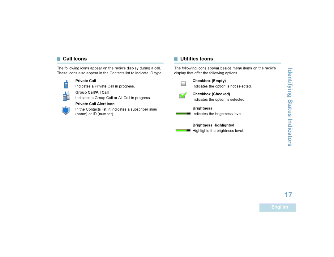 Motorola SL7550 manual Call Icons, Utilities Icons 