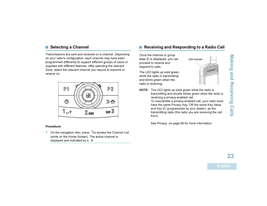 Motorola SL7550 manual Selecting a Channel, Receiving and Responding to a Radio Call 