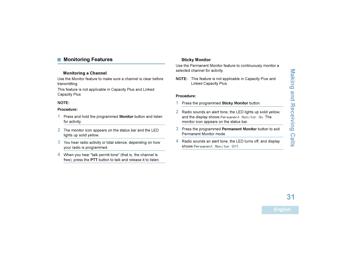 Motorola SL7550 manual Monitoring Features,  Monitoring a Channel,  Sticky Monitor 