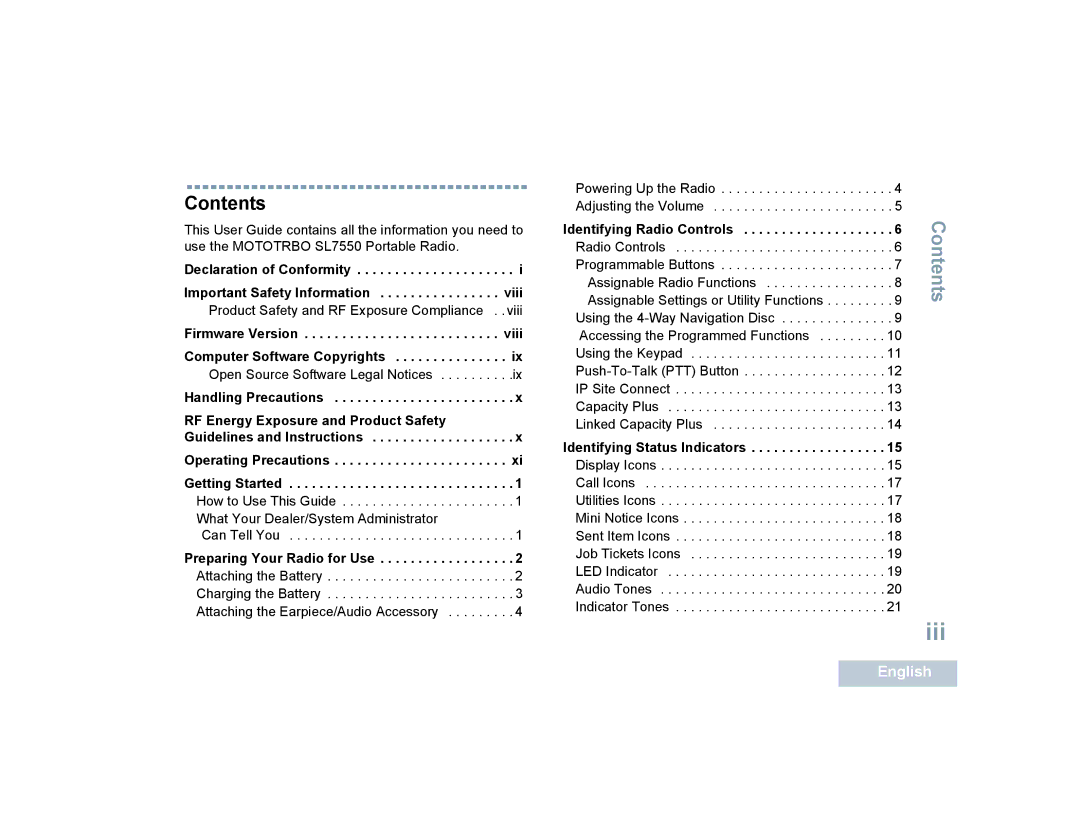 Motorola SL7550 manual Iii, Contents 