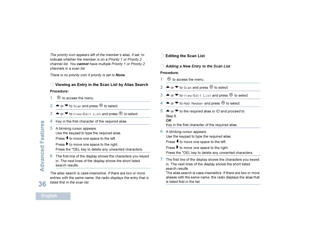 Motorola SL7550 manual  Viewing an Entry in the Scan List by Alias Search,  Editing the Scan List 