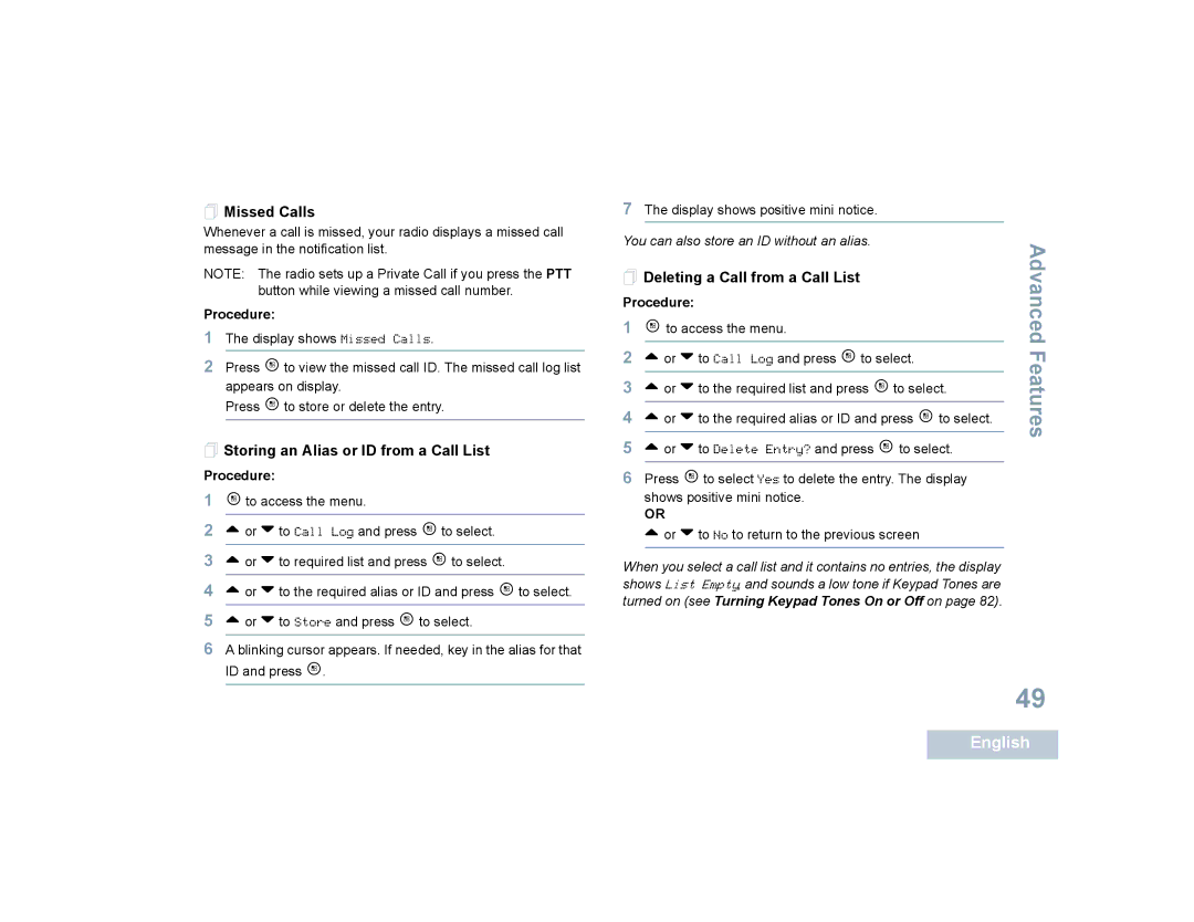 Motorola SL7550 manual  Missed Calls,  Storing an Alias or ID from a Call List,  Deleting a Call from a Call List 