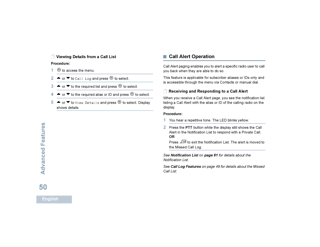 Motorola SL7550 manual Call Alert Operation,  Viewing Details from a Call List,  Receiving and Responding to a Call Alert 