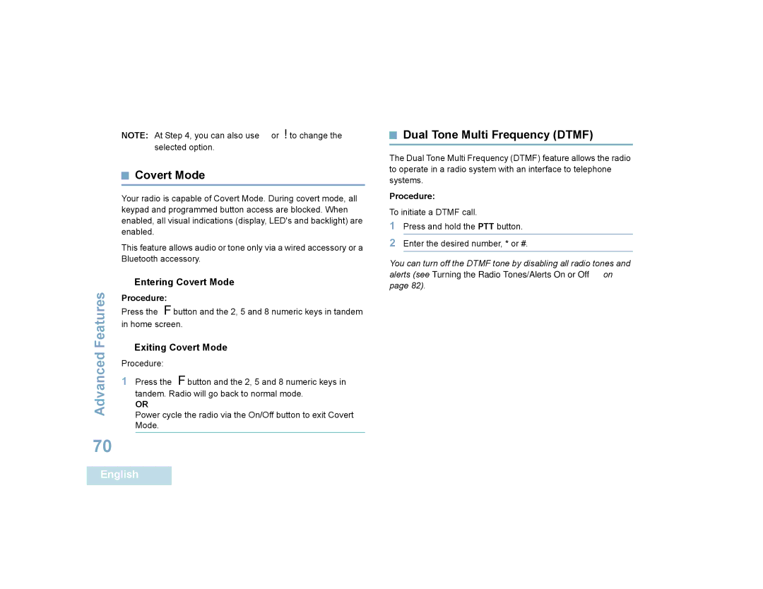 Motorola SL7550 manual Dual Tone Multi Frequency Dtmf,  Entering Covert Mode,  Exiting Covert Mode 