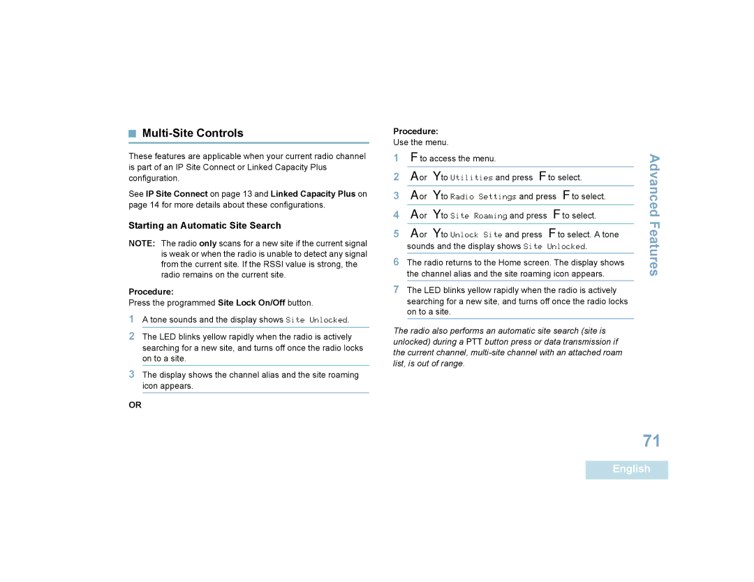 Motorola SL7550 manual Multi-Site Controls, Starting an Automatic Site Search 