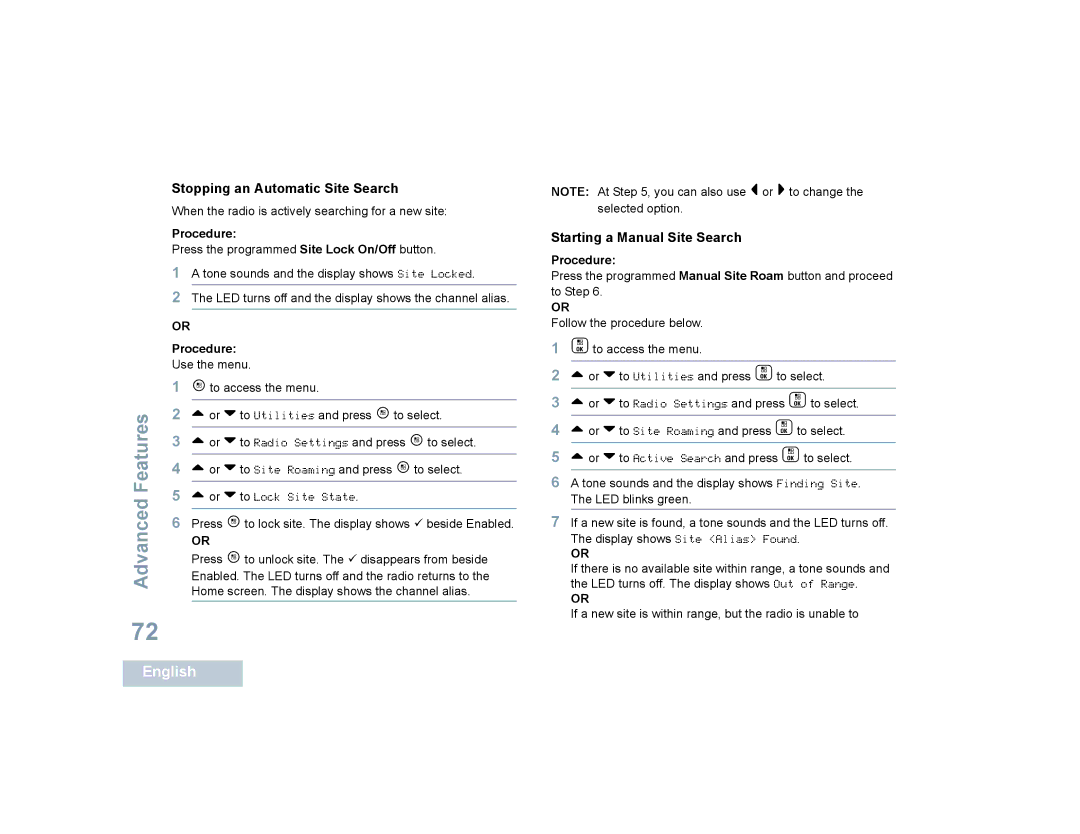 Motorola SL7550 manual Stopping an Automatic Site Search, Starting a Manual Site Search 