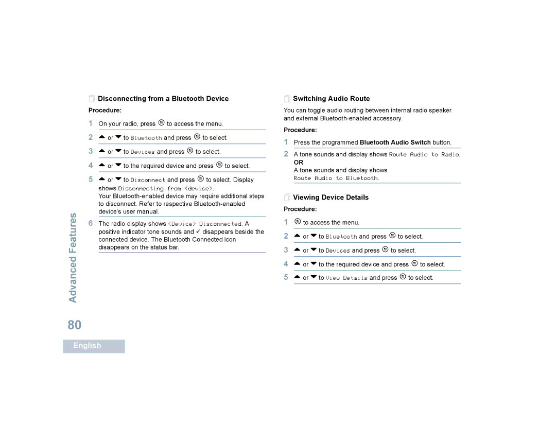 Motorola SL7550 manual  Disconnecting from a Bluetooth Device,  Switching Audio Route,  Viewing Device Details 