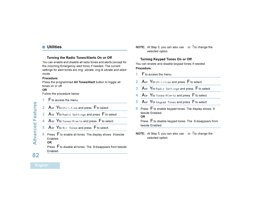 Motorola SL7550 manual Utilities,  Turning the Radio Tones/Alerts On or Off,  Turning Keypad Tones On or Off 