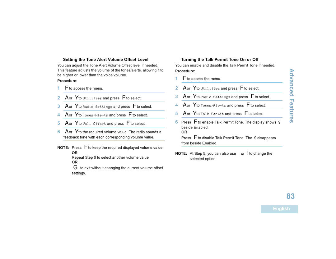 Motorola SL7550 manual  Setting the Tone Alert Volume Offset Level,  Turning the Talk Permit Tone On or Off 