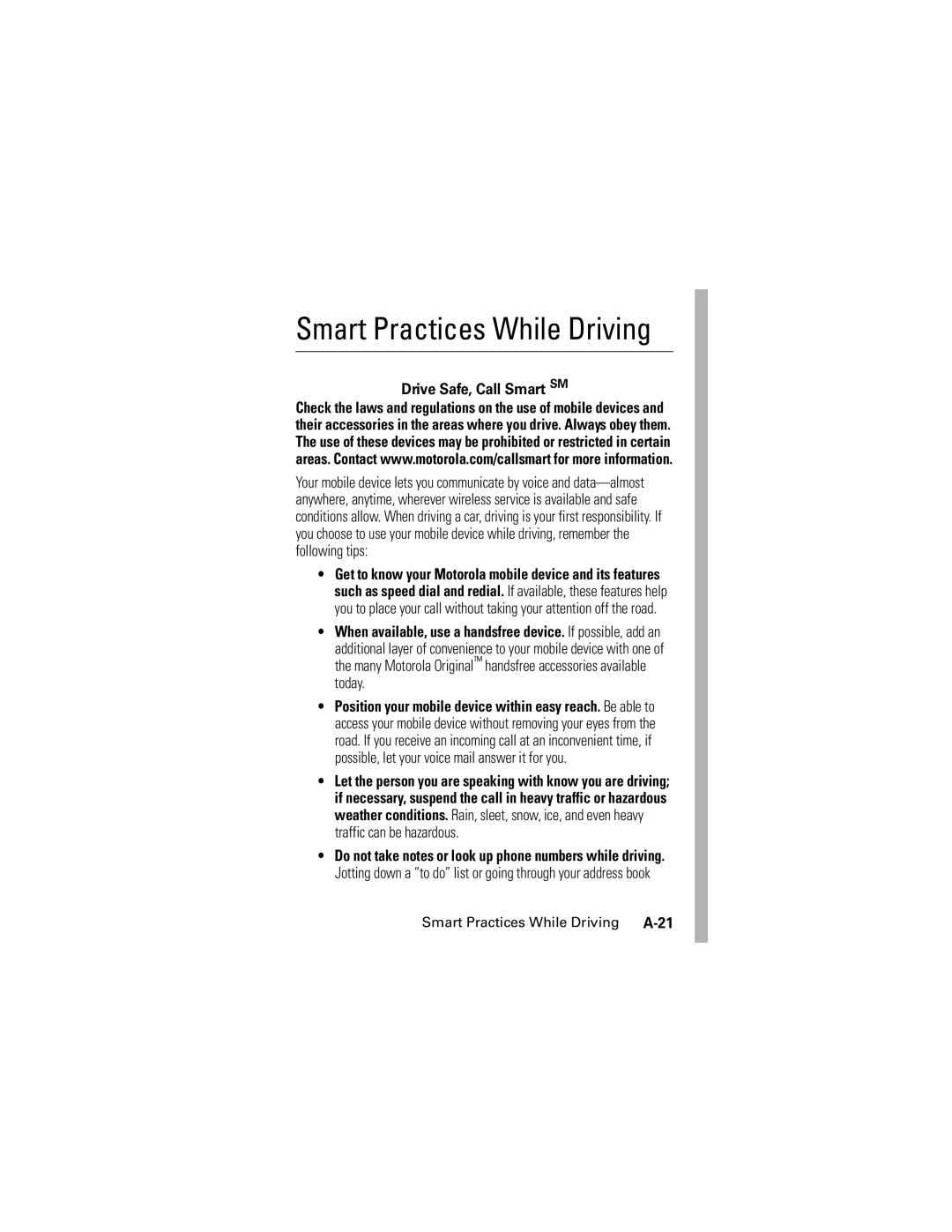 Motorola SLVR GSM manual Smart Practices While Driving, Drive Safe, Call Smart SM 