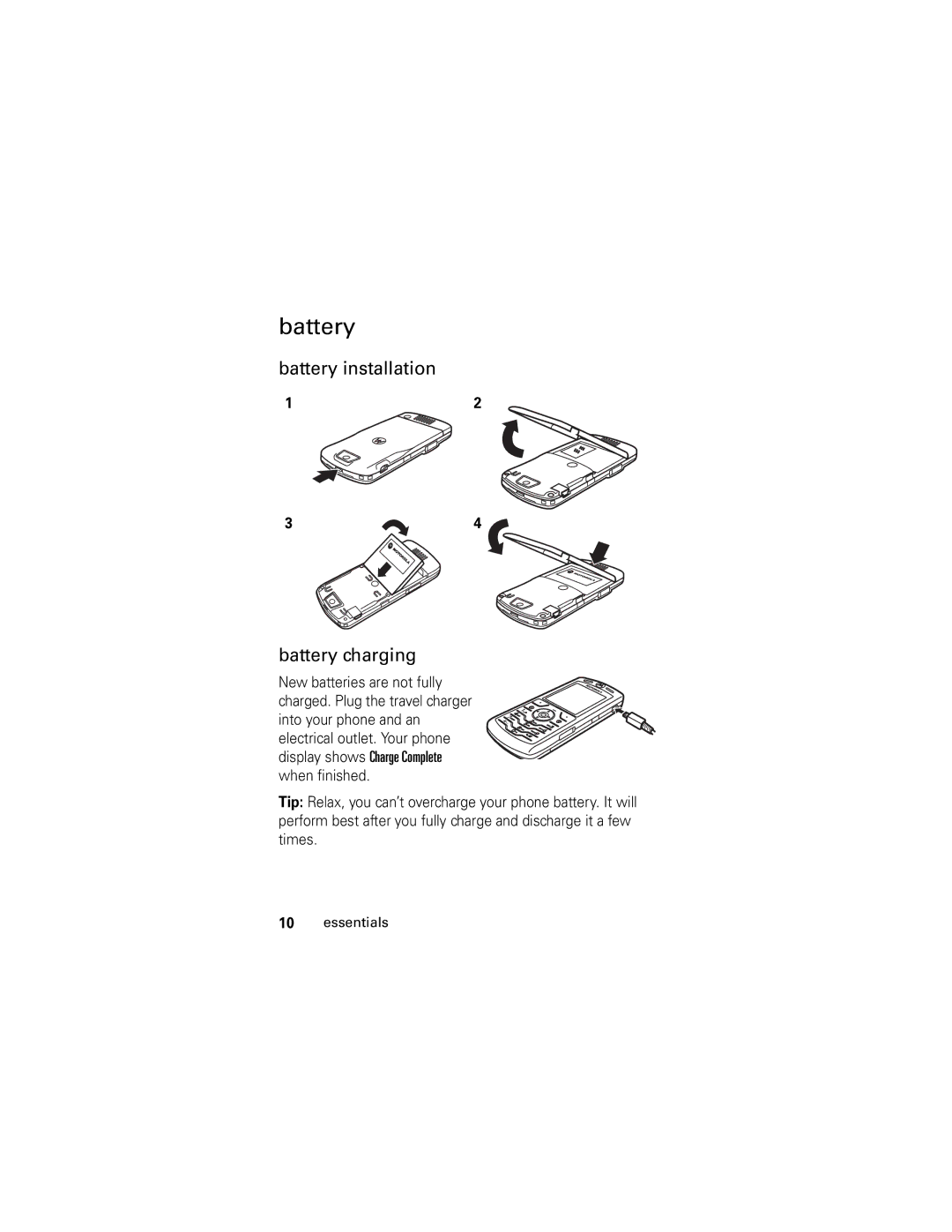 Motorola SLVR GSM manual Battery installation Battery charging 