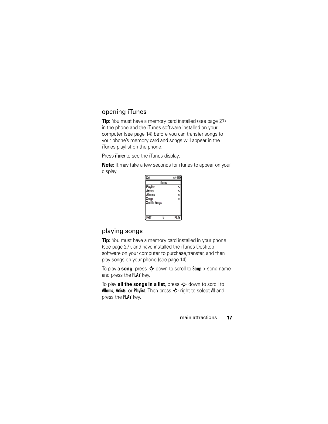 Motorola SLVR GSM manual Opening iTunes, Playing songs 