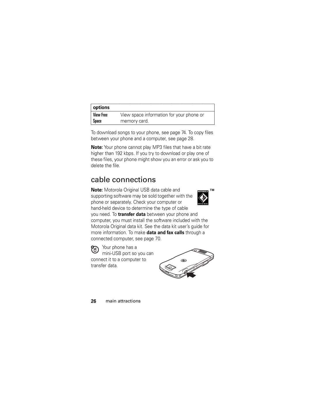 Motorola SLVR GSM manual Cable connections, View Free, Space Memory card, Connect it to a computer to transfer data 