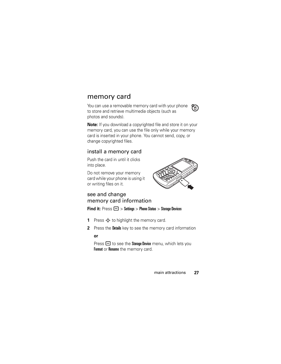 Motorola SLVR GSM manual Install a memory card, See and change Memory card information 