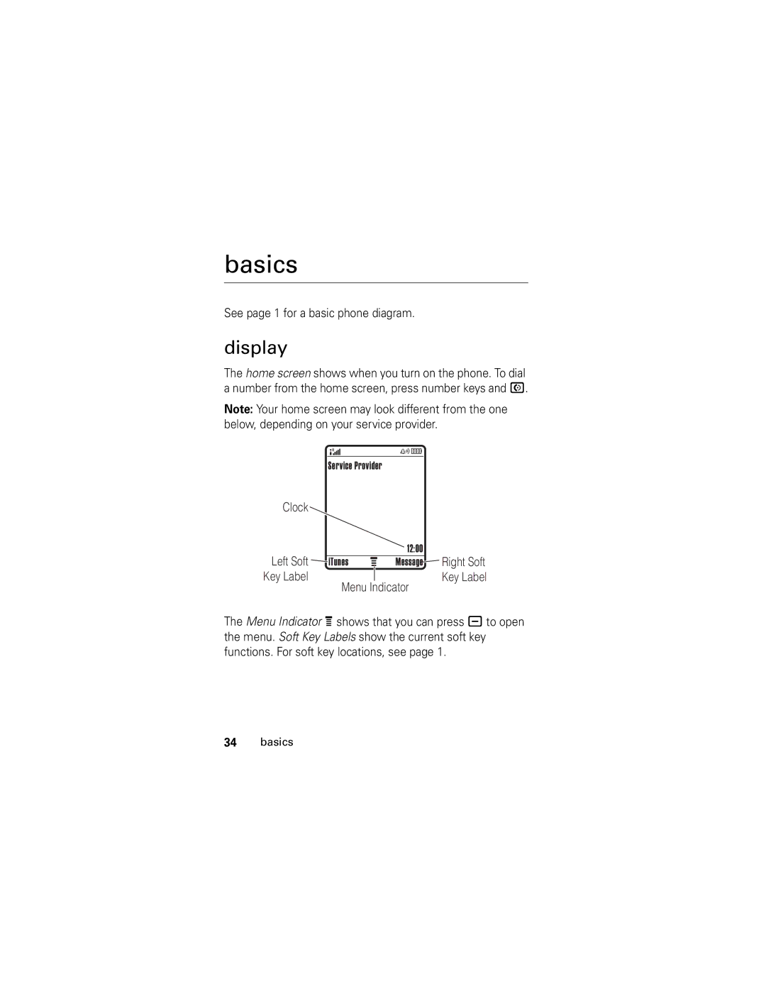 Motorola SLVR GSM manual Basics, Display, See page 1 for a basic phone diagram 