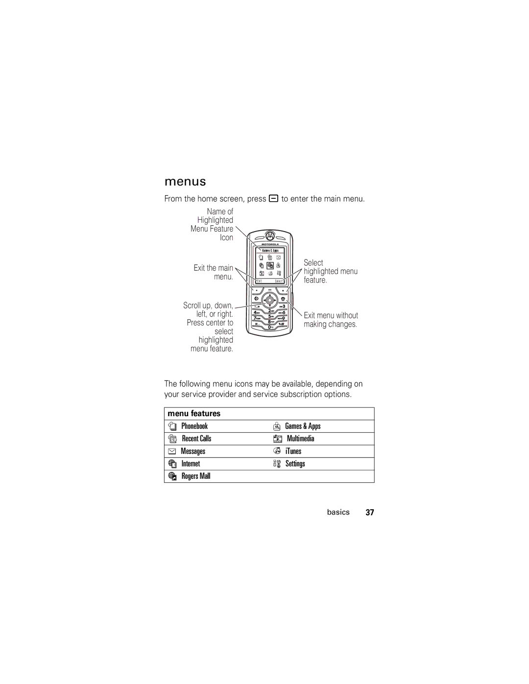 Motorola SLVR GSM manual Menus, From the home screen, press to enter the main menu, Menu features 