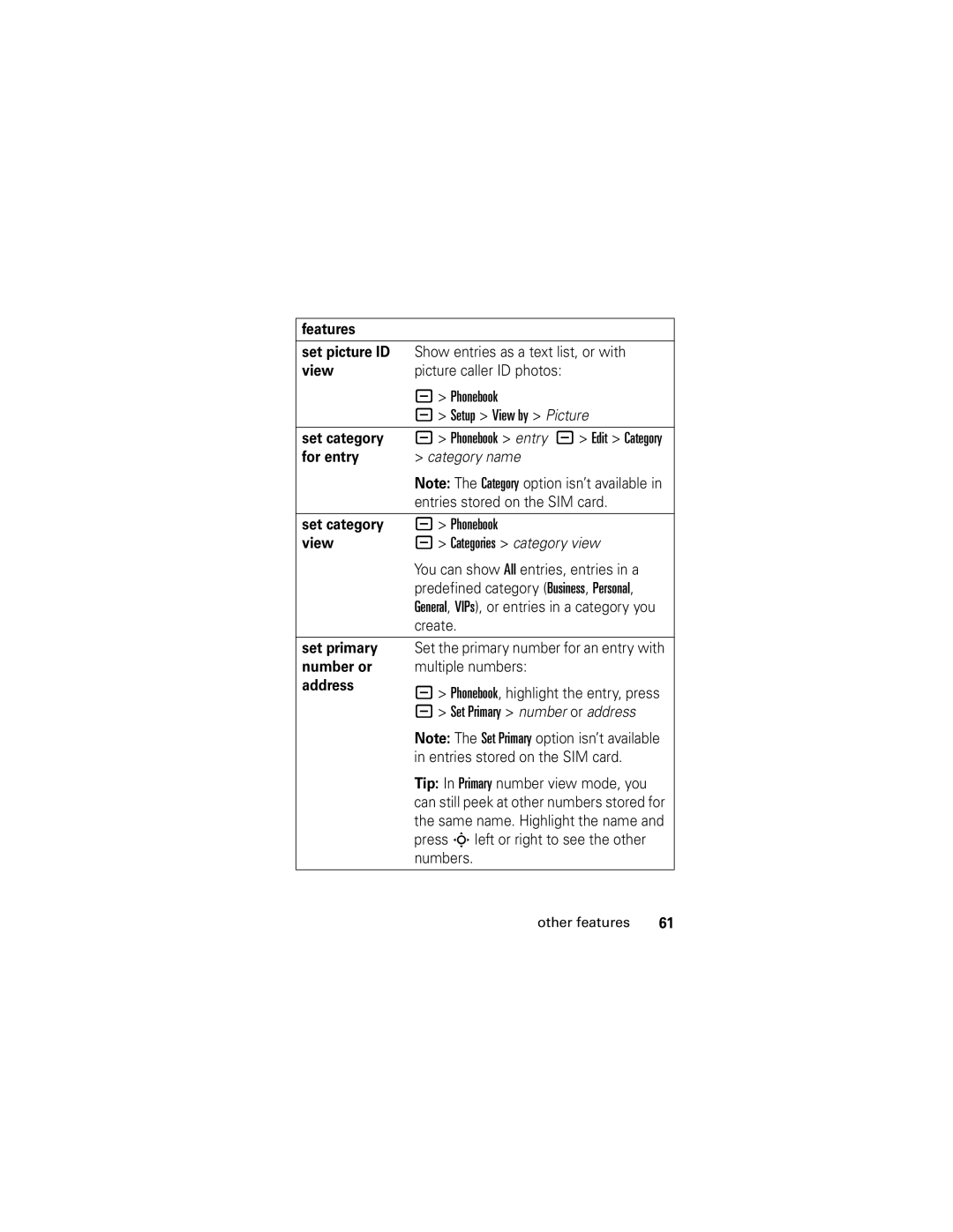 Motorola SLVR GSM manual Features Set picture ID, View, Set category, Set primary, Number or, Address 