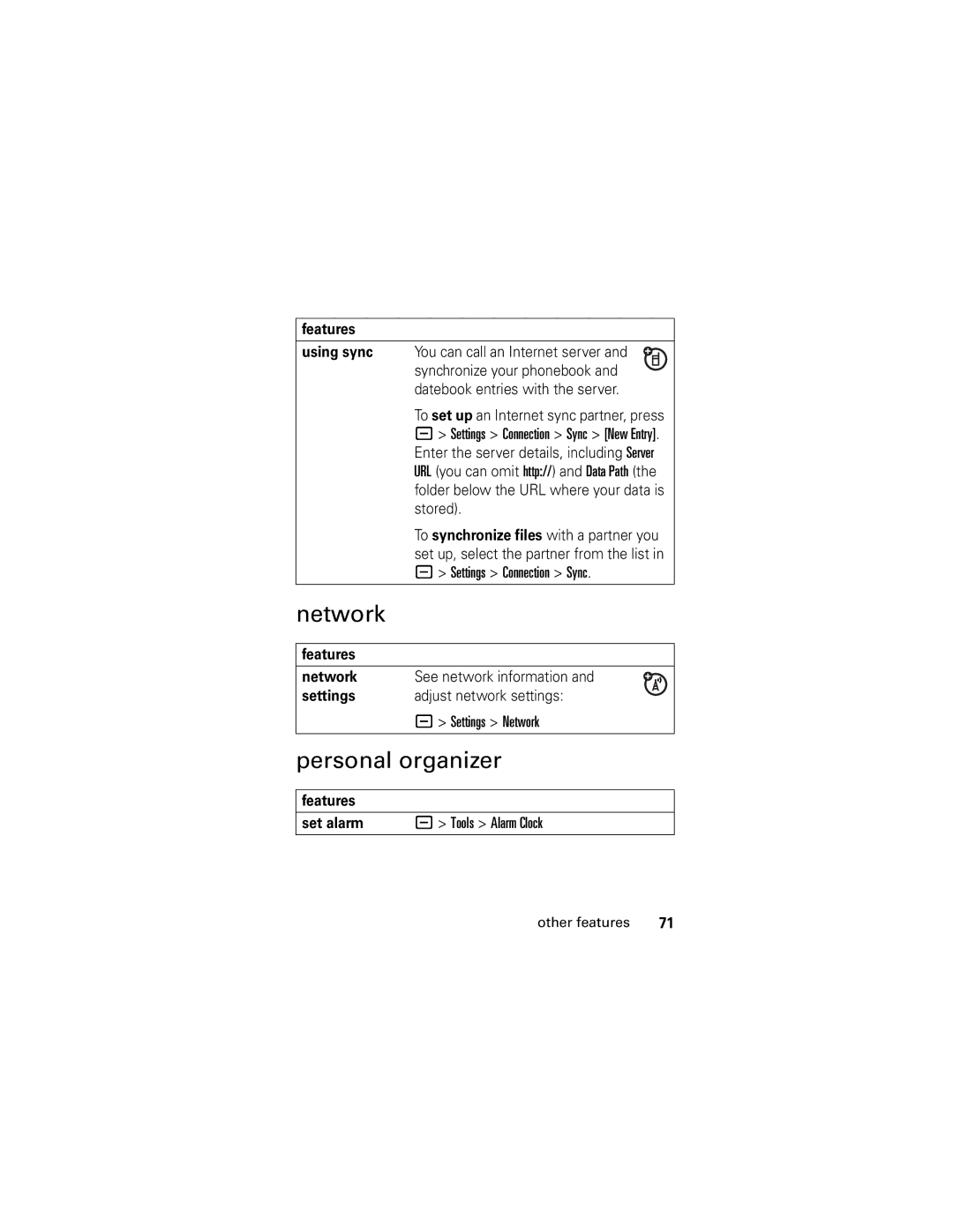 Motorola SLVR GSM manual Personal organizer, Features Network, Settings Adjust network settings Settings Network 