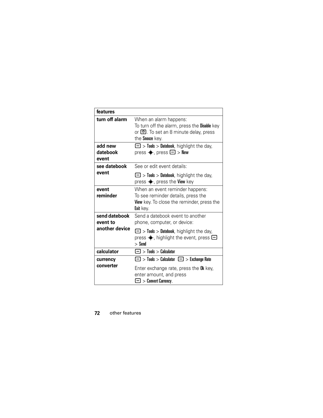 Motorola SLVR GSM Features Turn off alarm, Add new, Event See datebook, Reminder, Calculator Tools Calculator Currency 