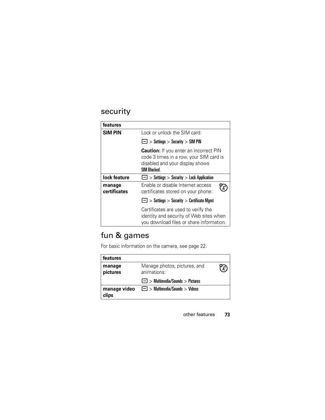 Motorola SLVR GSM manual Security, Fun & games 