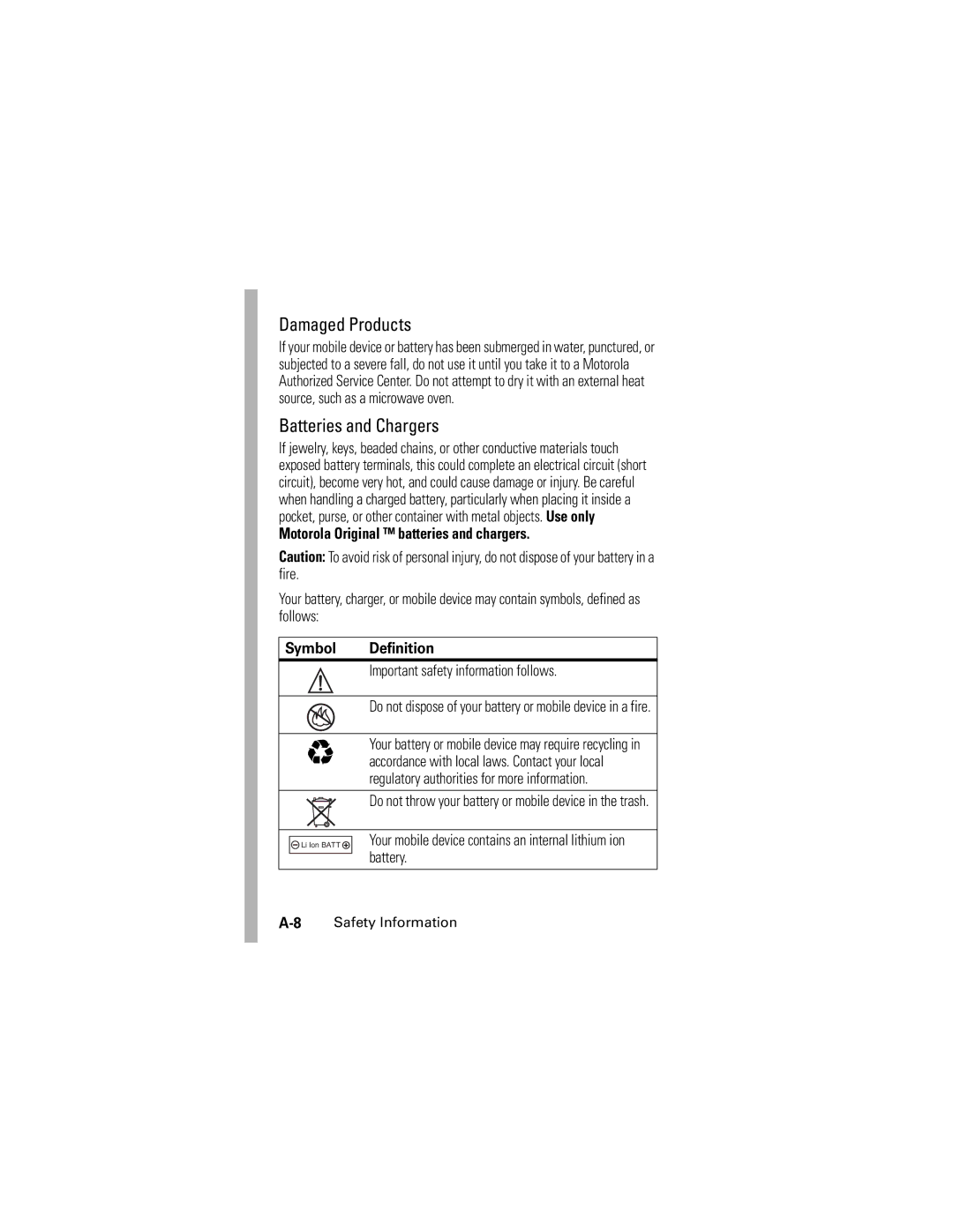 Motorola SLVR GSM Damaged Products, Batteries and Chargers, Motorola Original batteries and chargers, Symbol Definition 