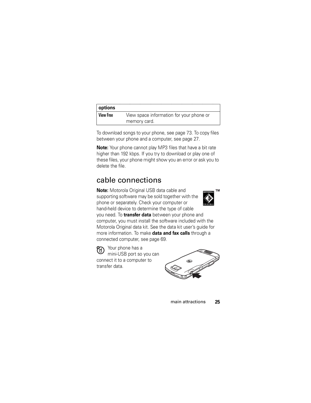 Motorola SLVR L7 manual Cable connections, Connect it to a computer to transfer data 