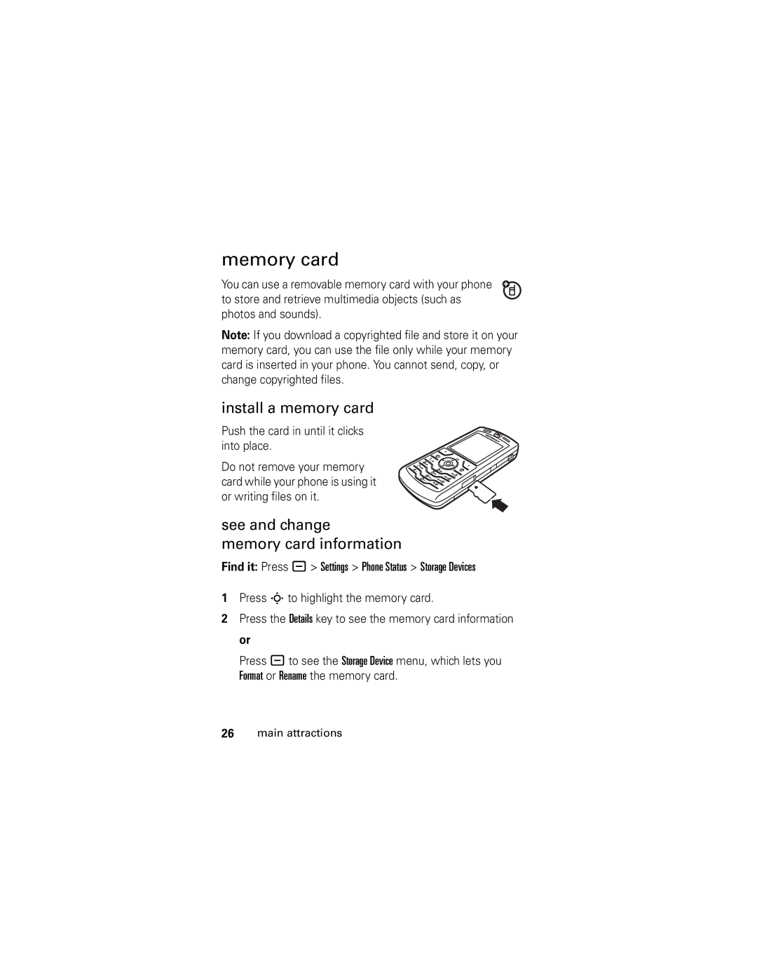 Motorola SLVR L7 manual Install a memory card, See and change Memory card information 