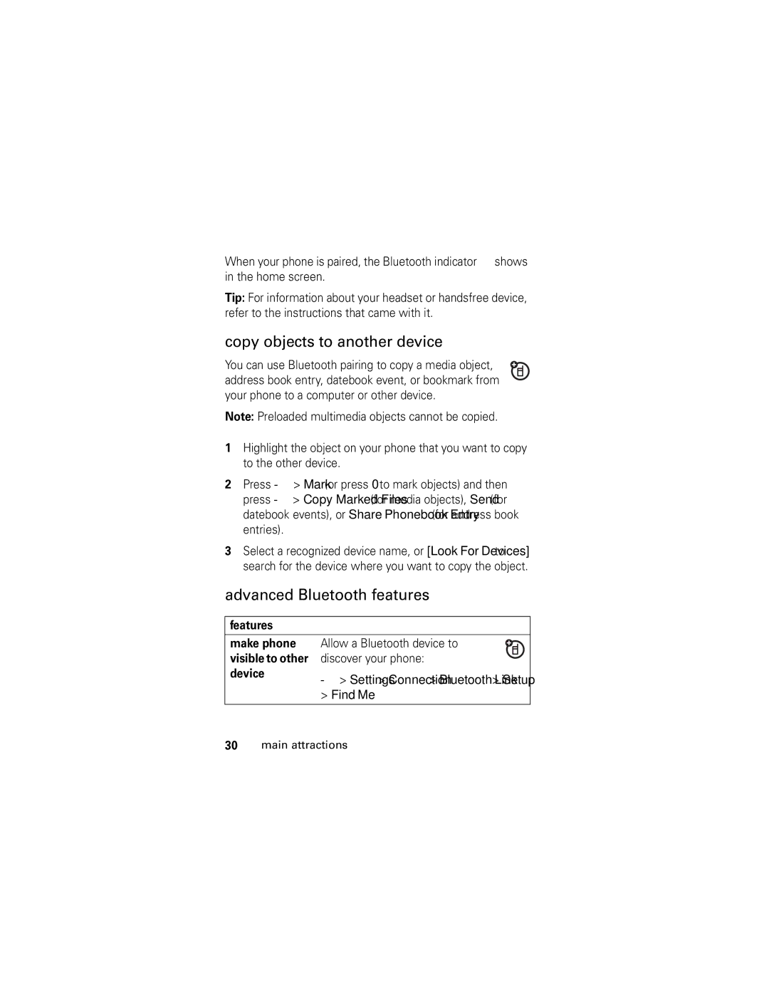 Motorola SLVR L7 manual Copy objects to another device, Advanced Bluetooth features, Find Me 