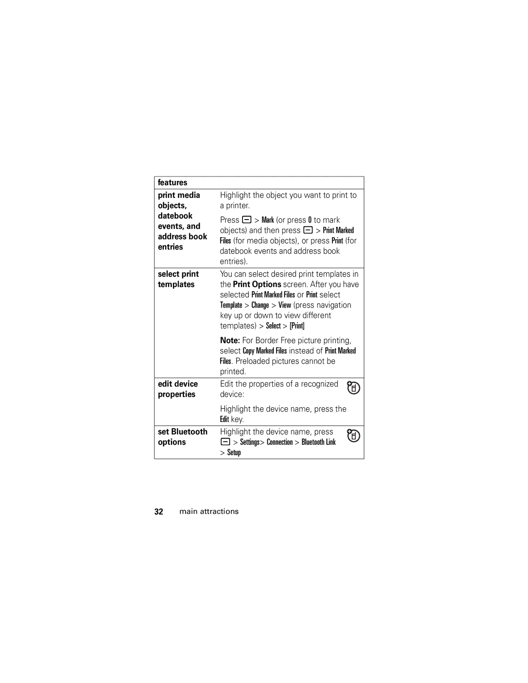 Motorola SLVR L7 manual Features Print media, Objects, Select print, Templates, Edit device, Properties, Set Bluetooth 