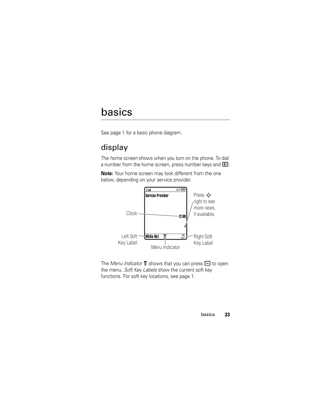 Motorola SLVR L7 manual Basics, Display, See page 1 for a basic phone diagram 