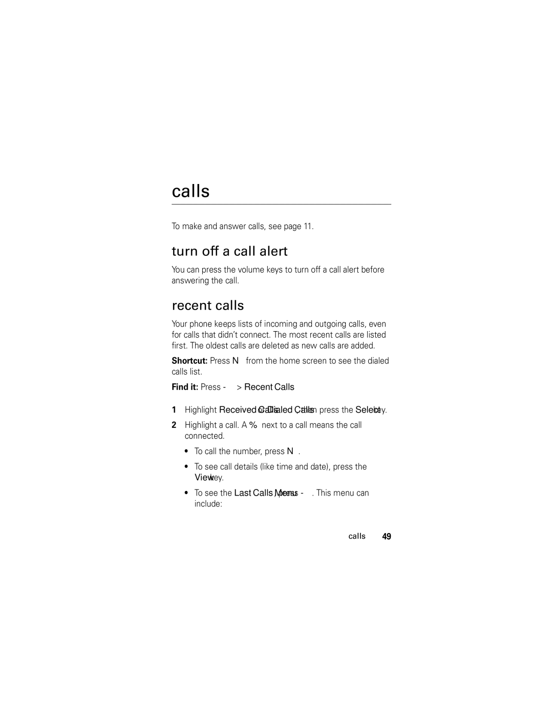 Motorola SLVR L7 manual Calls, Turn off a call alert, Recent calls, To make and answer calls, see 