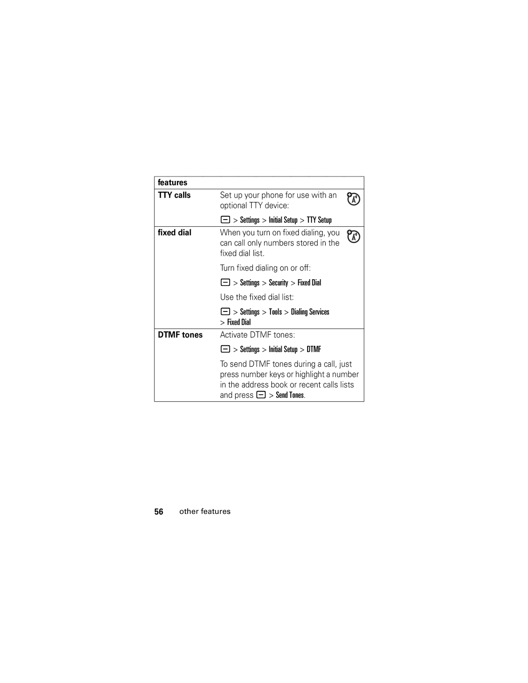 Motorola SLVR L7 manual Features TTY calls, Fixed dial, Dtmf tones 