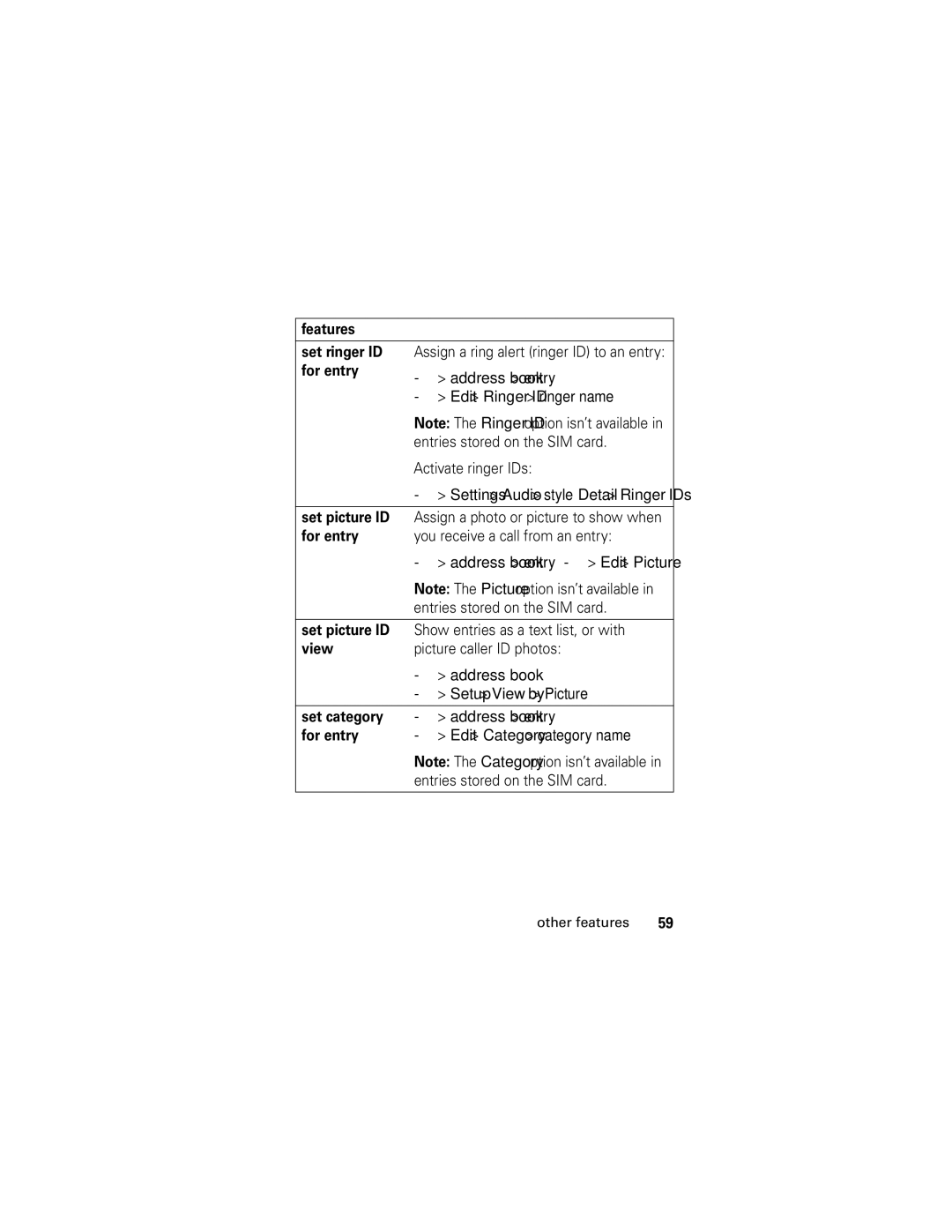 Motorola SLVR L7 manual Features Set ringer ID, For entry, Set picture ID, View, Set category 