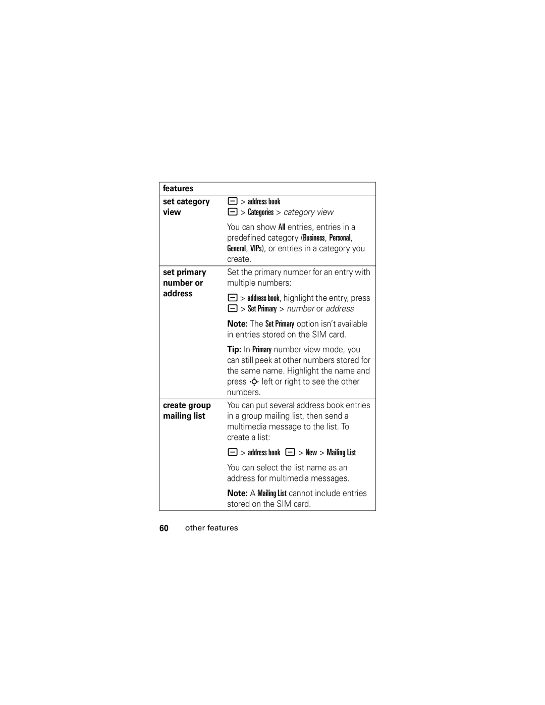 Motorola SLVR L7 manual Features Set category, Set primary, Number or, Address, Create group, Mailing list 