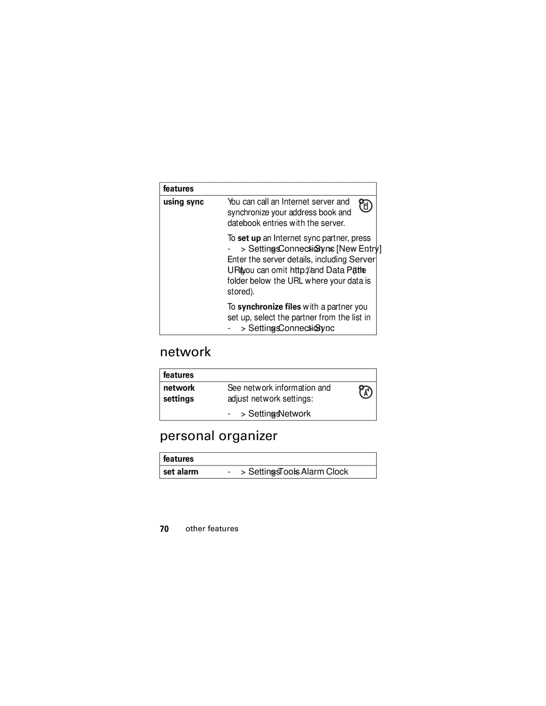 Motorola SLVR L7 manual Personal organizer, Features Network, Settings Adjust network settings Settings Network 