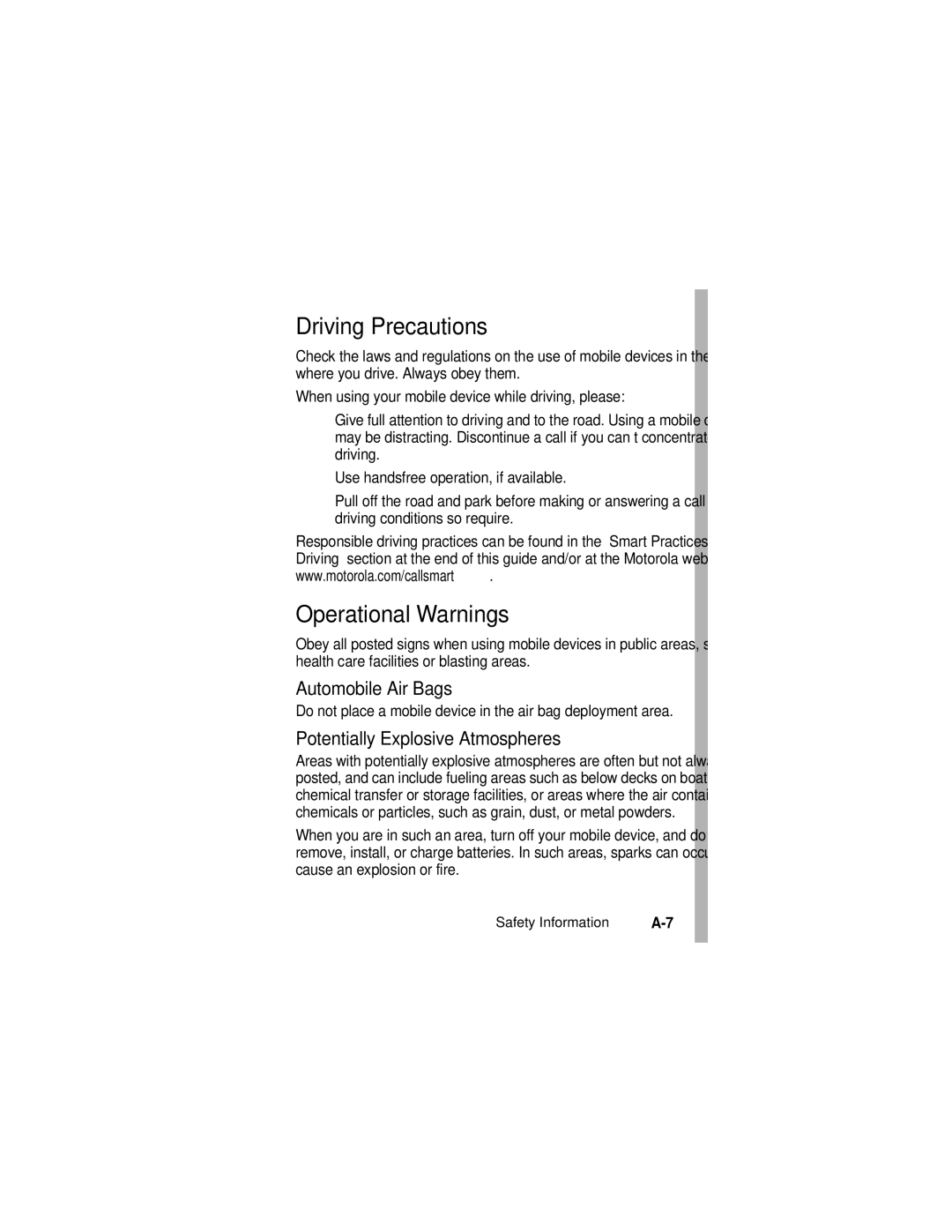 Motorola SLVR L7 Driving Precautions, Operational Warnings, Do not place a mobile device in the air bag deployment area 