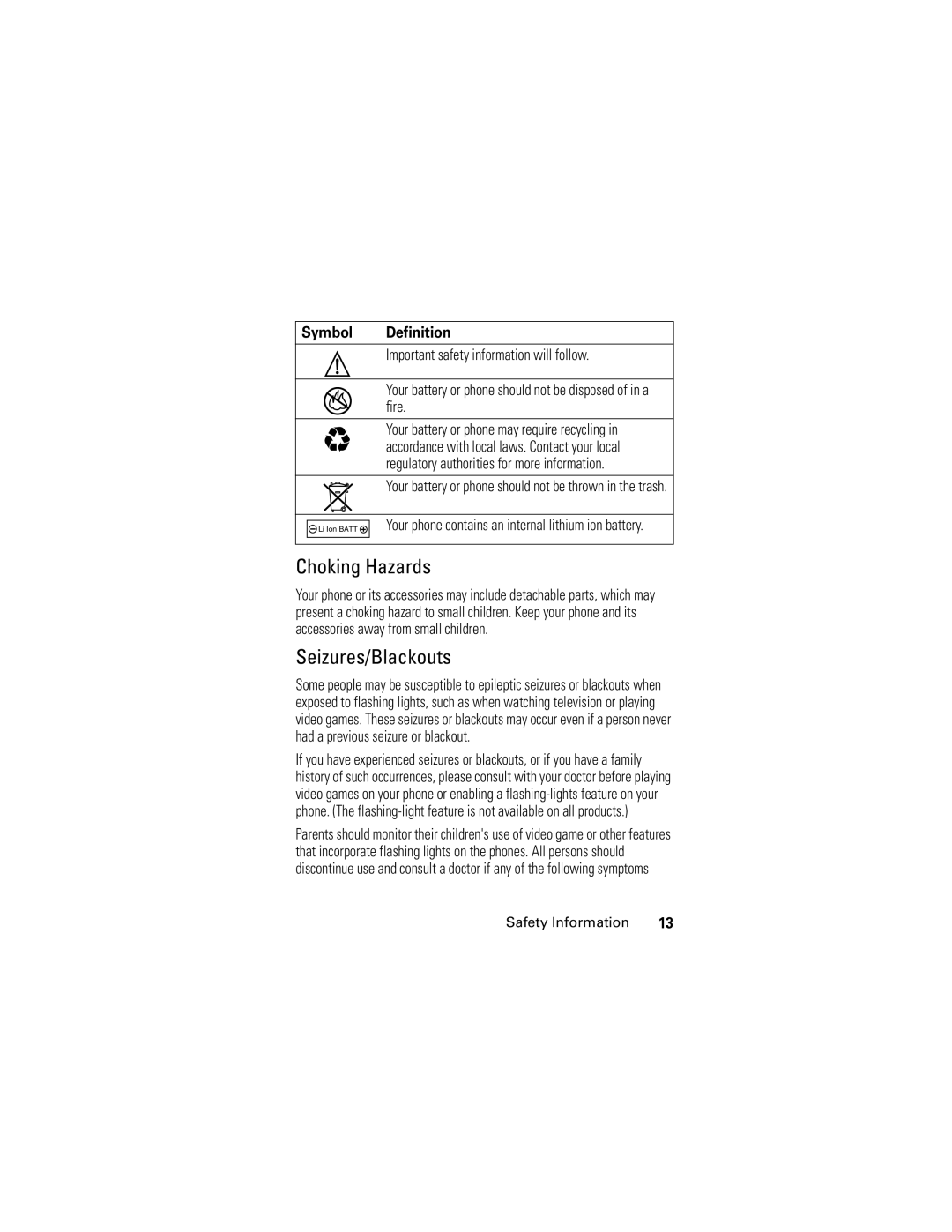 Motorola slvr v8 manual Choking Hazards, Seizures/Blackouts, Symbol Definition 