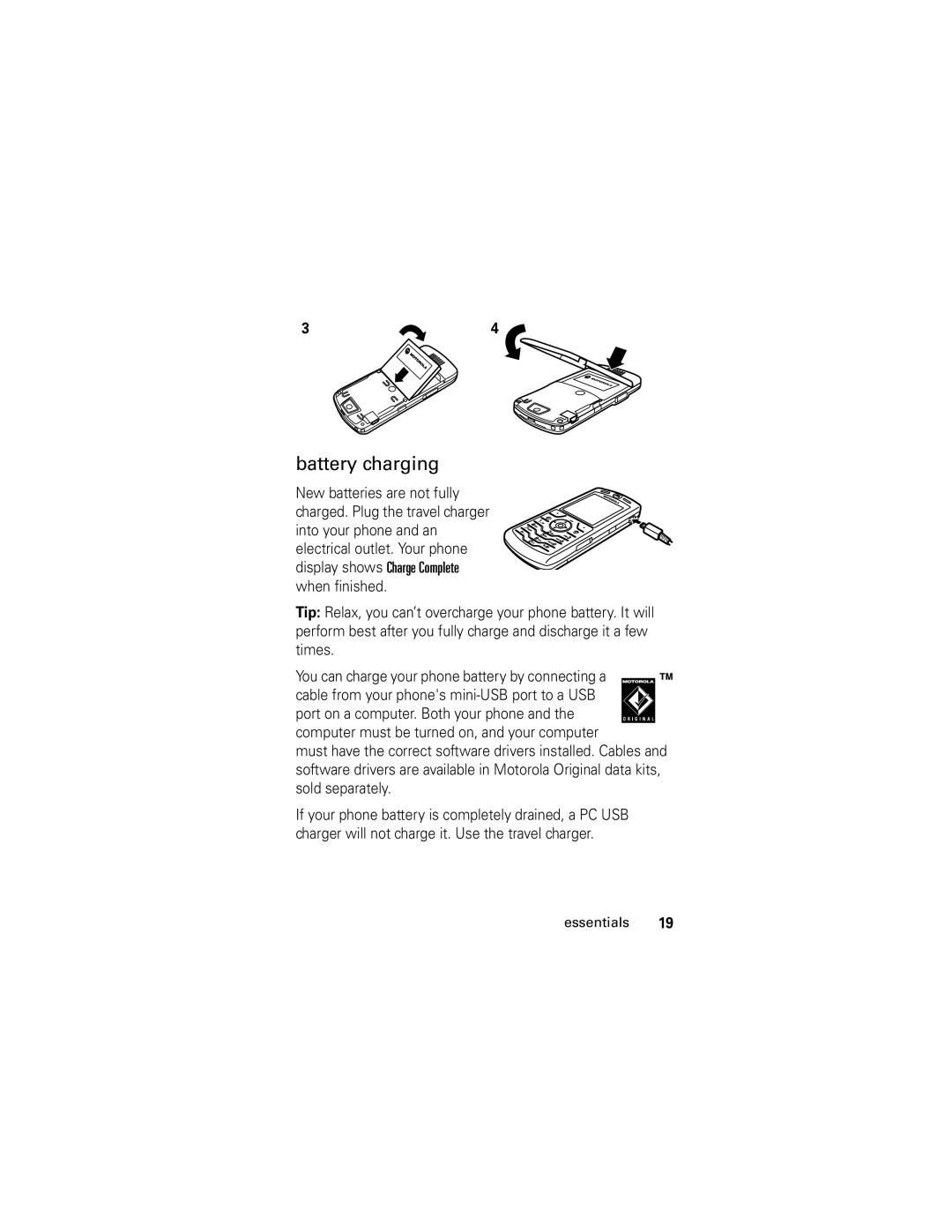 Motorola slvr v8 manual Battery charging 