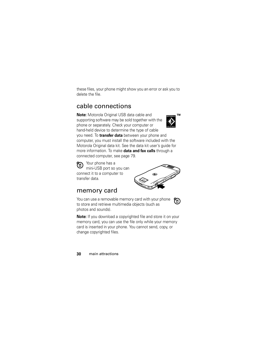 Motorola slvr v8 manual Cable connections, Memory card, Connect it to a computer to transfer data 