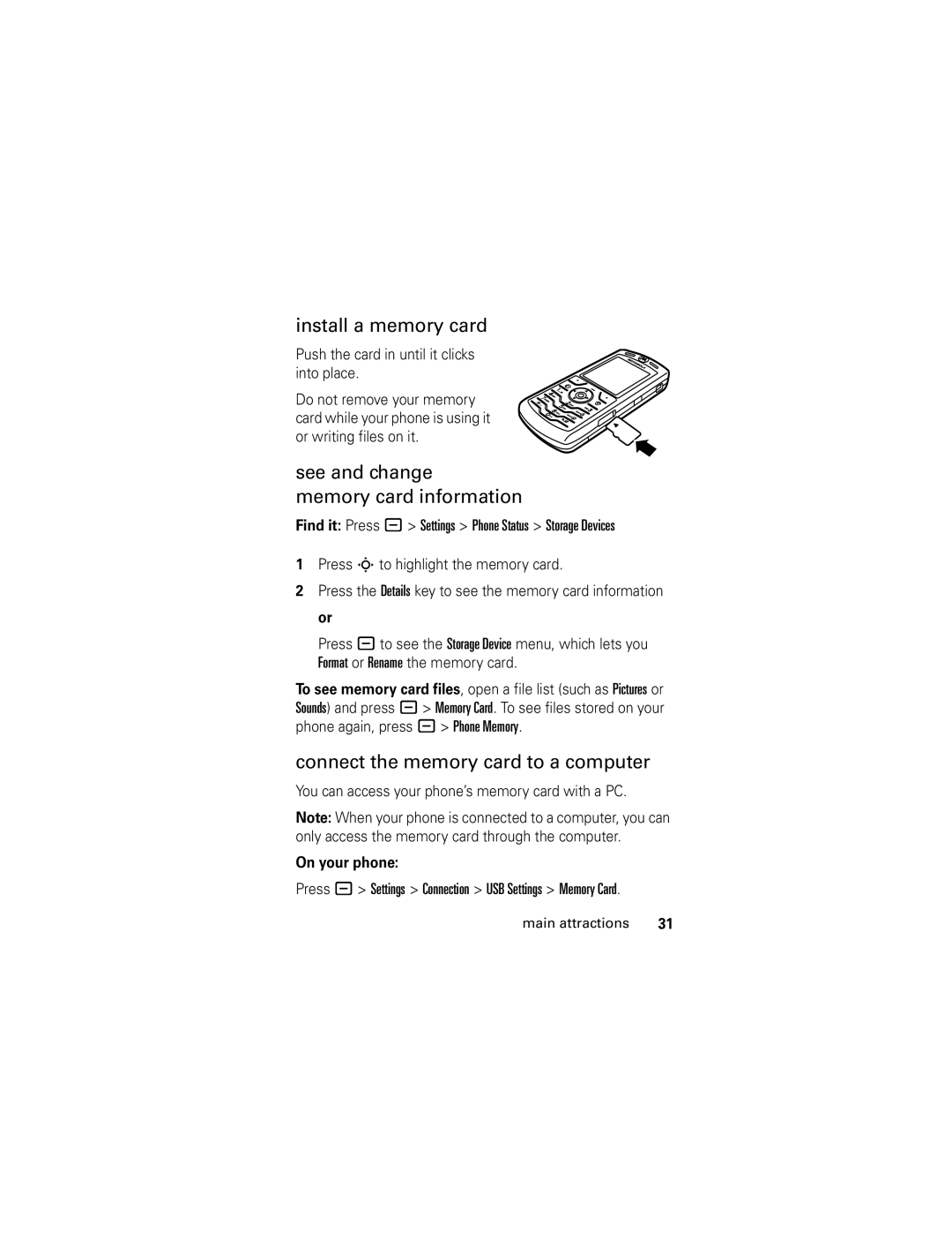 Motorola slvr v8 Install a memory card, See and change Memory card information, Connect the memory card to a computer 