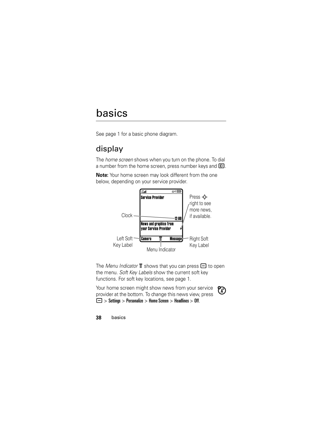 Motorola slvr v8 manual Basics, Display, See page 1 for a basic phone diagram 