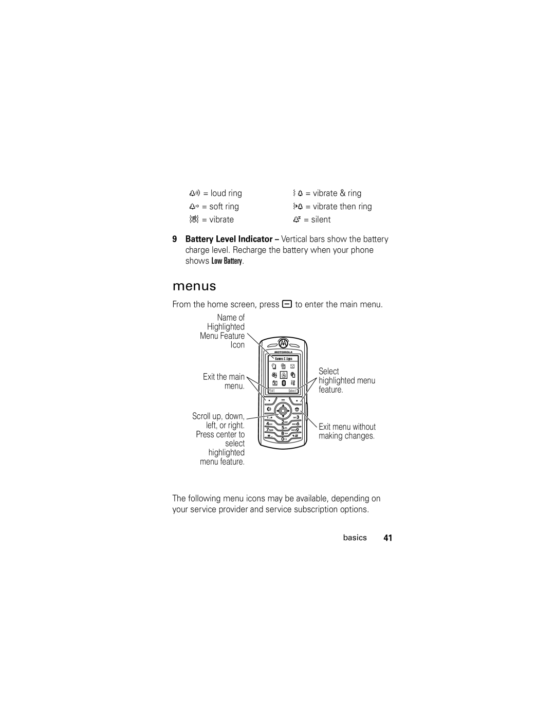 Motorola slvr v8 manual Menus, Select highlighted menu feature 