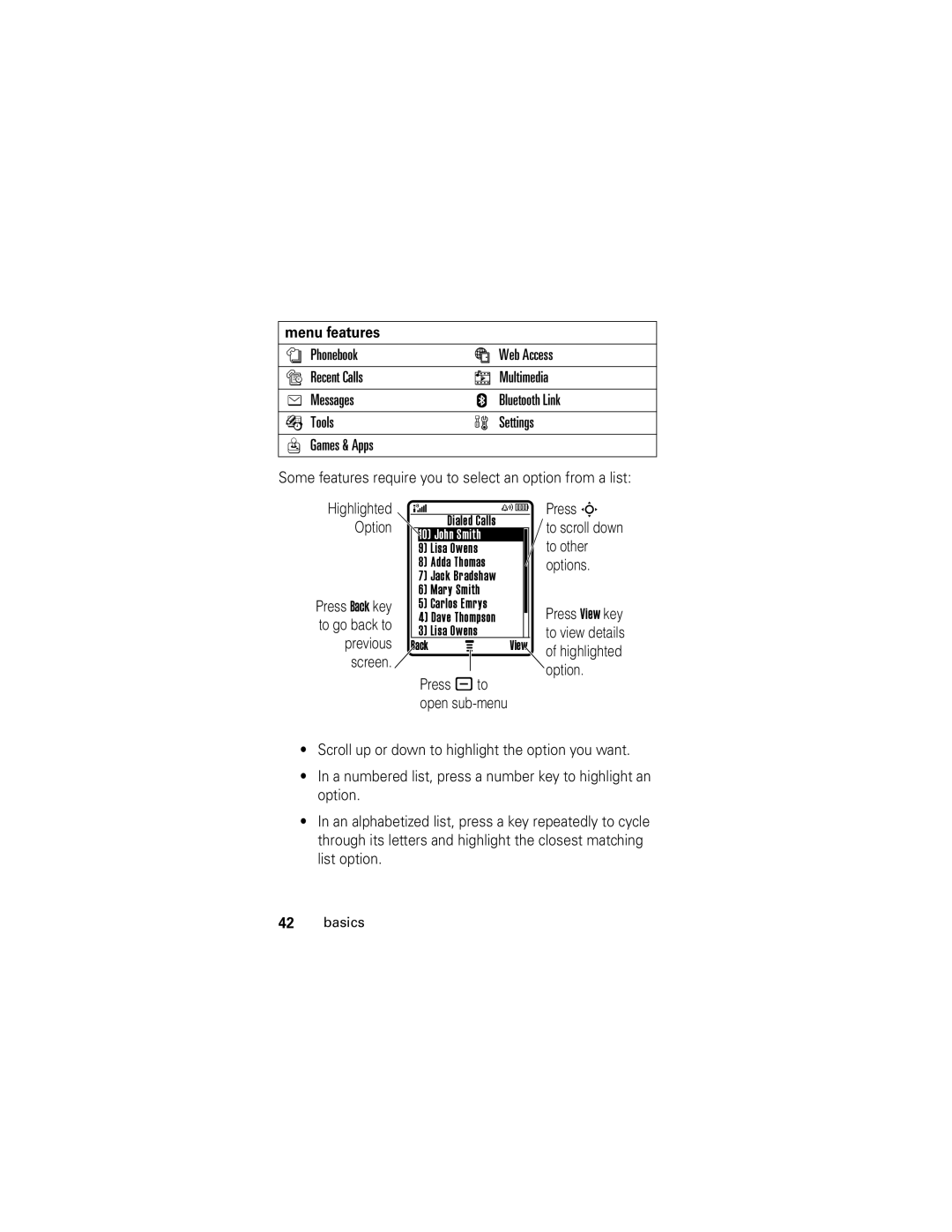 Motorola slvr v8 manual Menu features, Option 