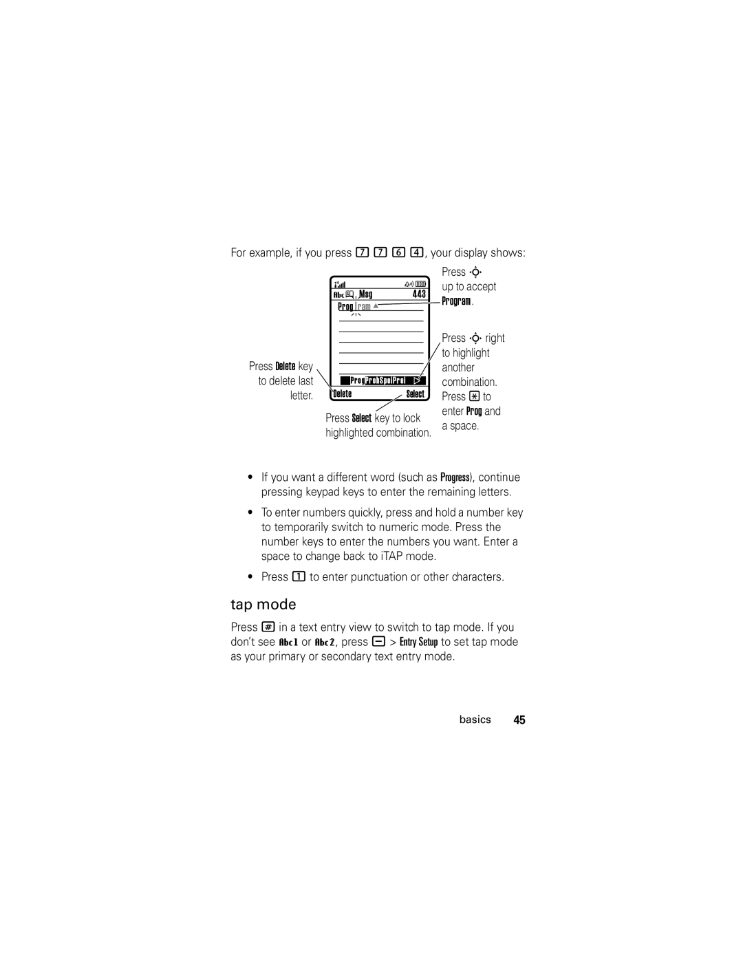 Motorola slvr v8 manual Tap mode, For example, if you press 7 7 6 4, your display shows 