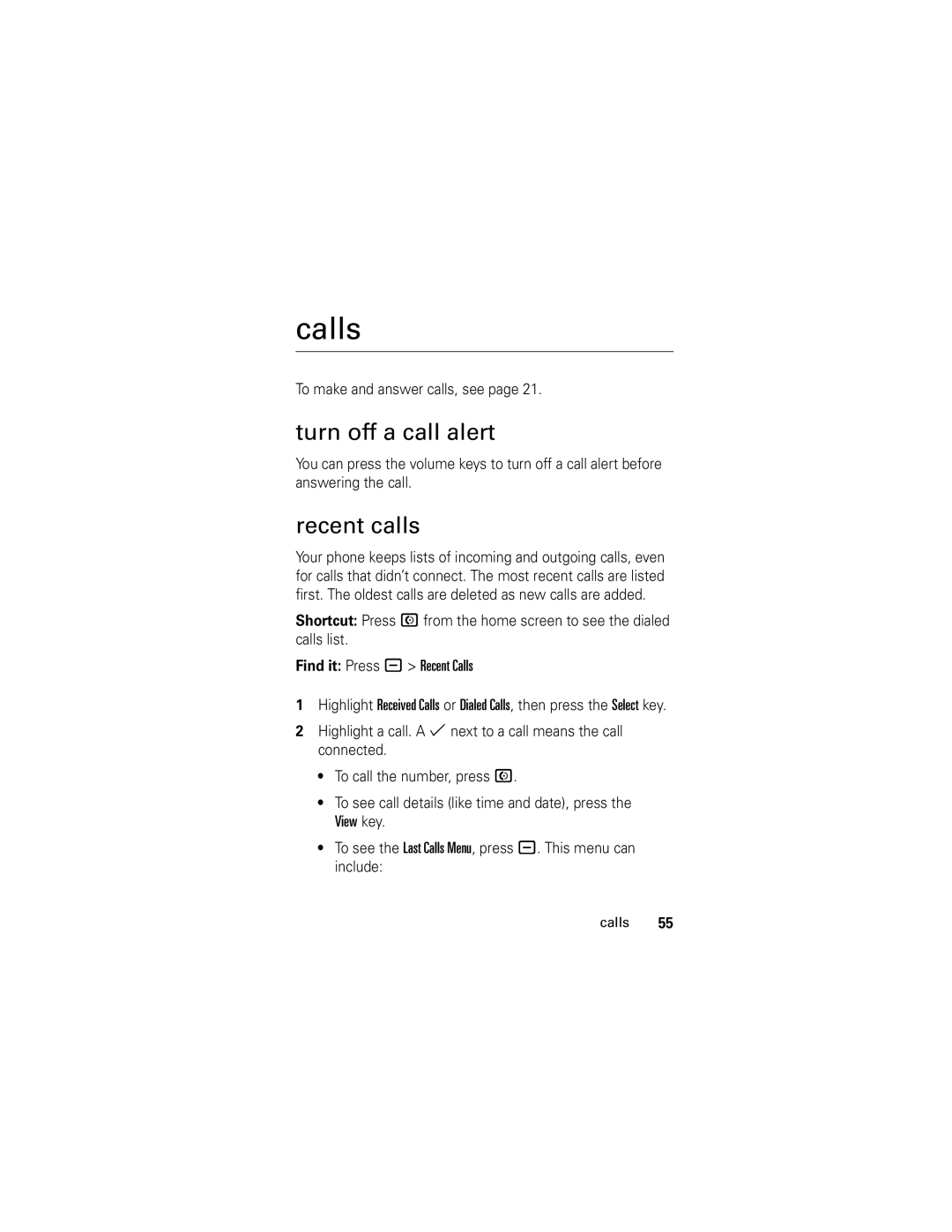 Motorola slvr v8 manual Calls, Turn off a call alert, Recent calls, To make and answer calls, see 