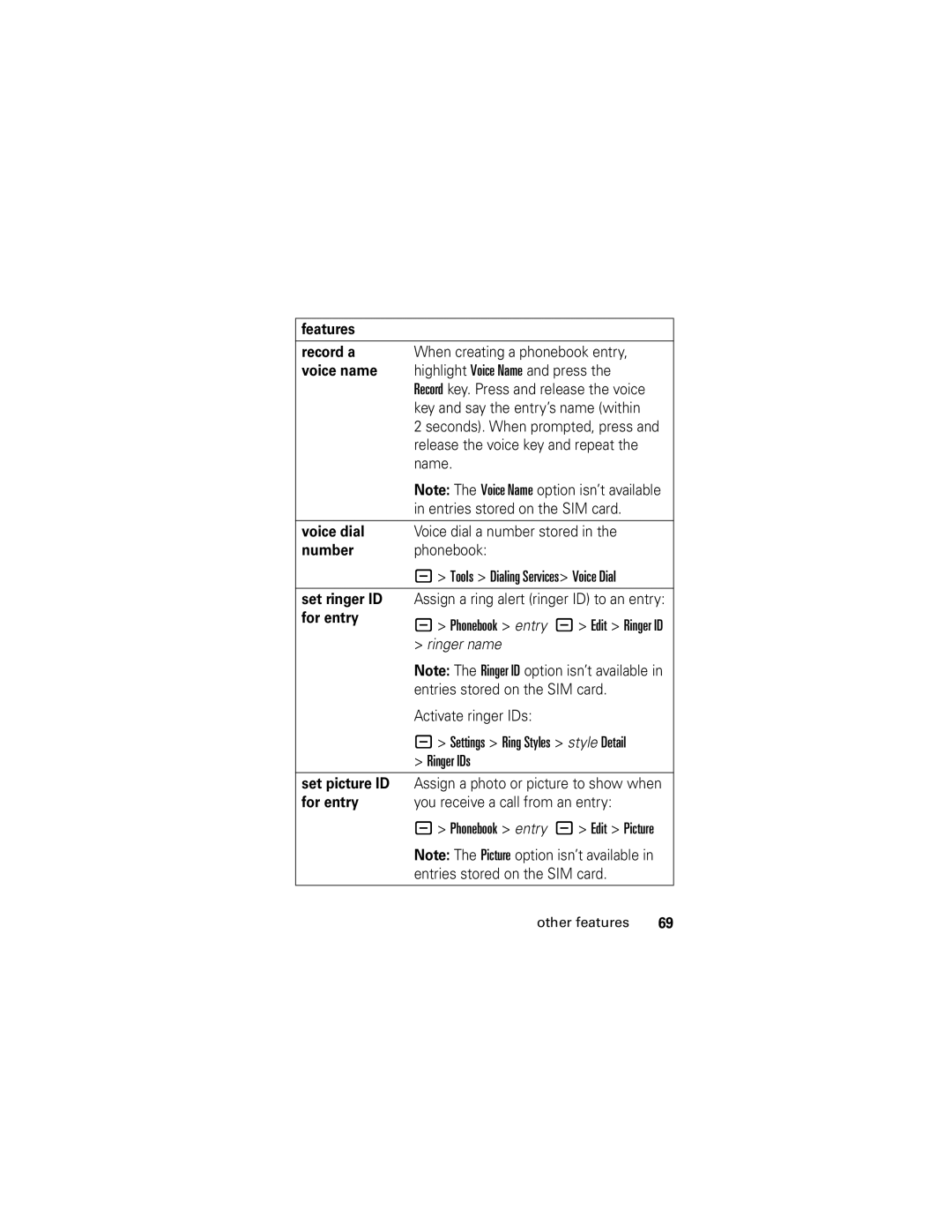 Motorola slvr v8 manual Features Record a, Voice name, Voice dial, Set ringer ID, For entry, Set picture ID 