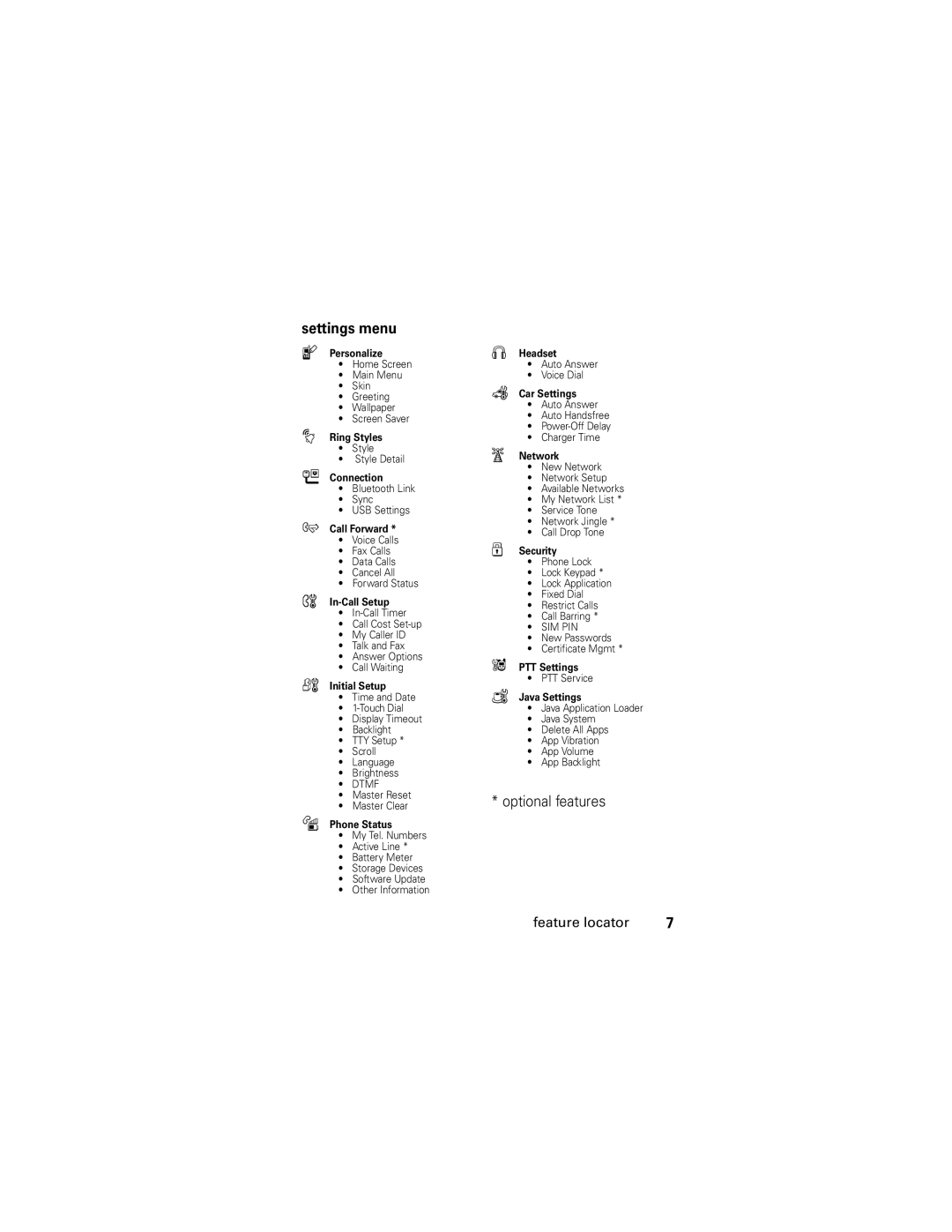 Motorola slvr v8 manual Settings menu, Optional features 